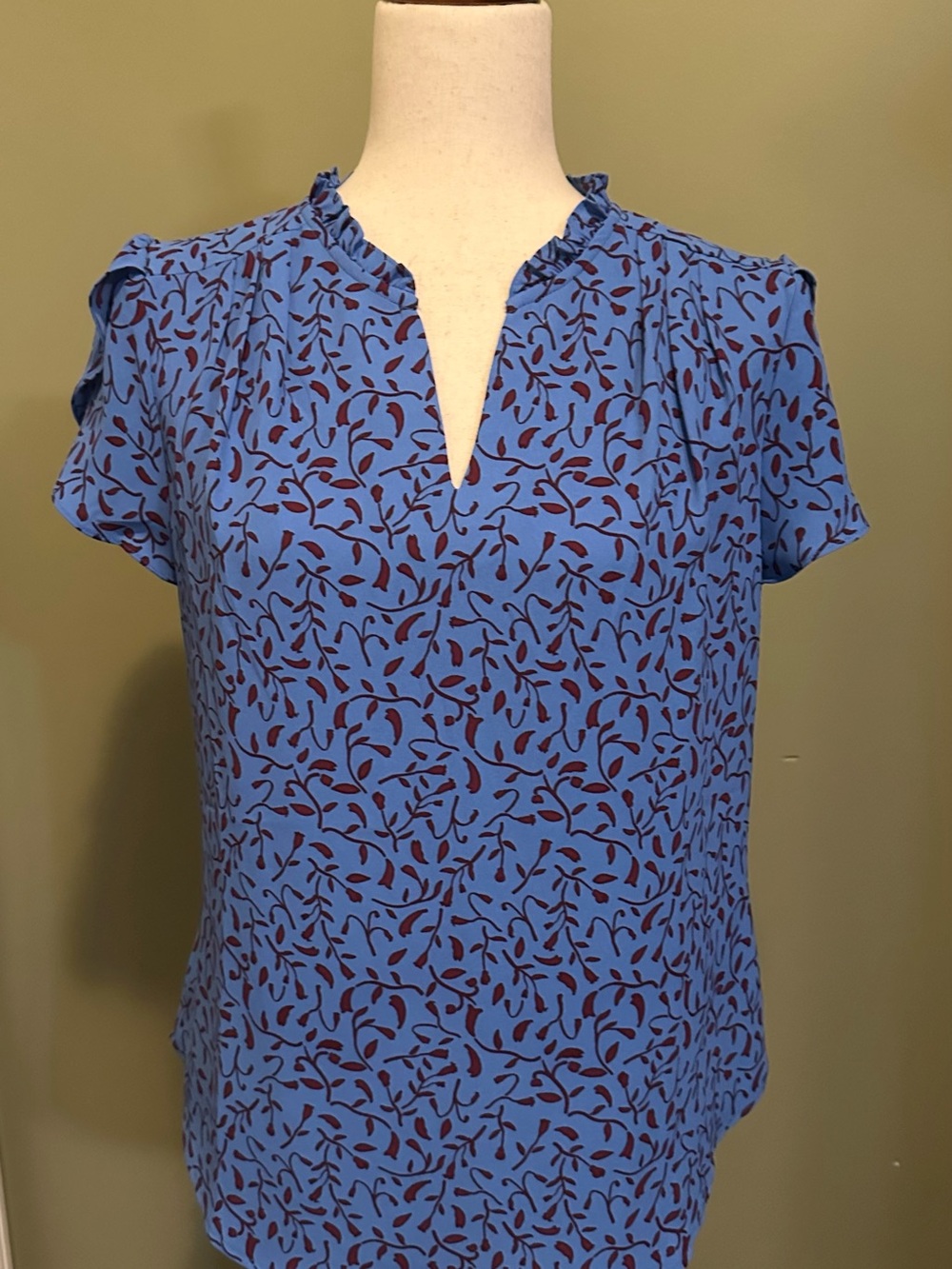 41 Hawthorn Blue Short Sleeve V-Neck Ruffle Trim Blouse